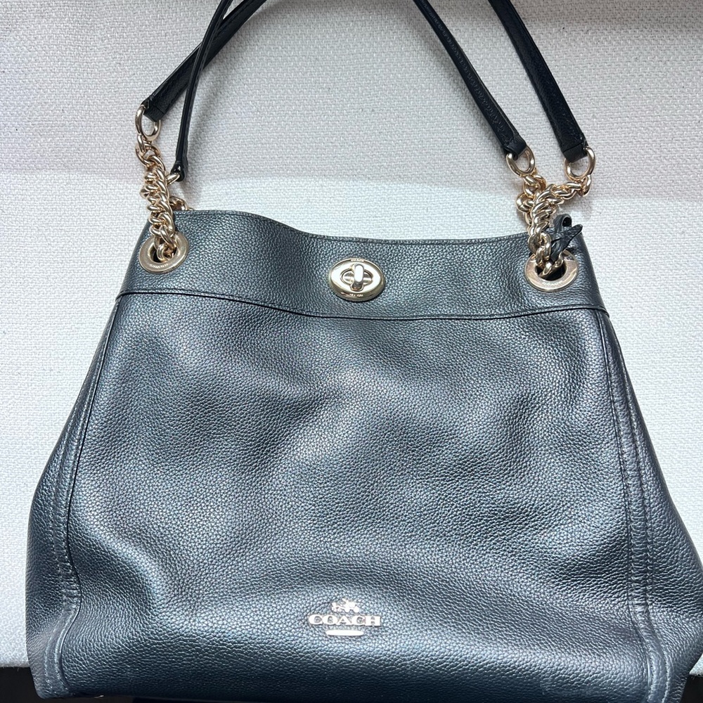 Coach Black Leather Shoulder Bag with Gold Accents